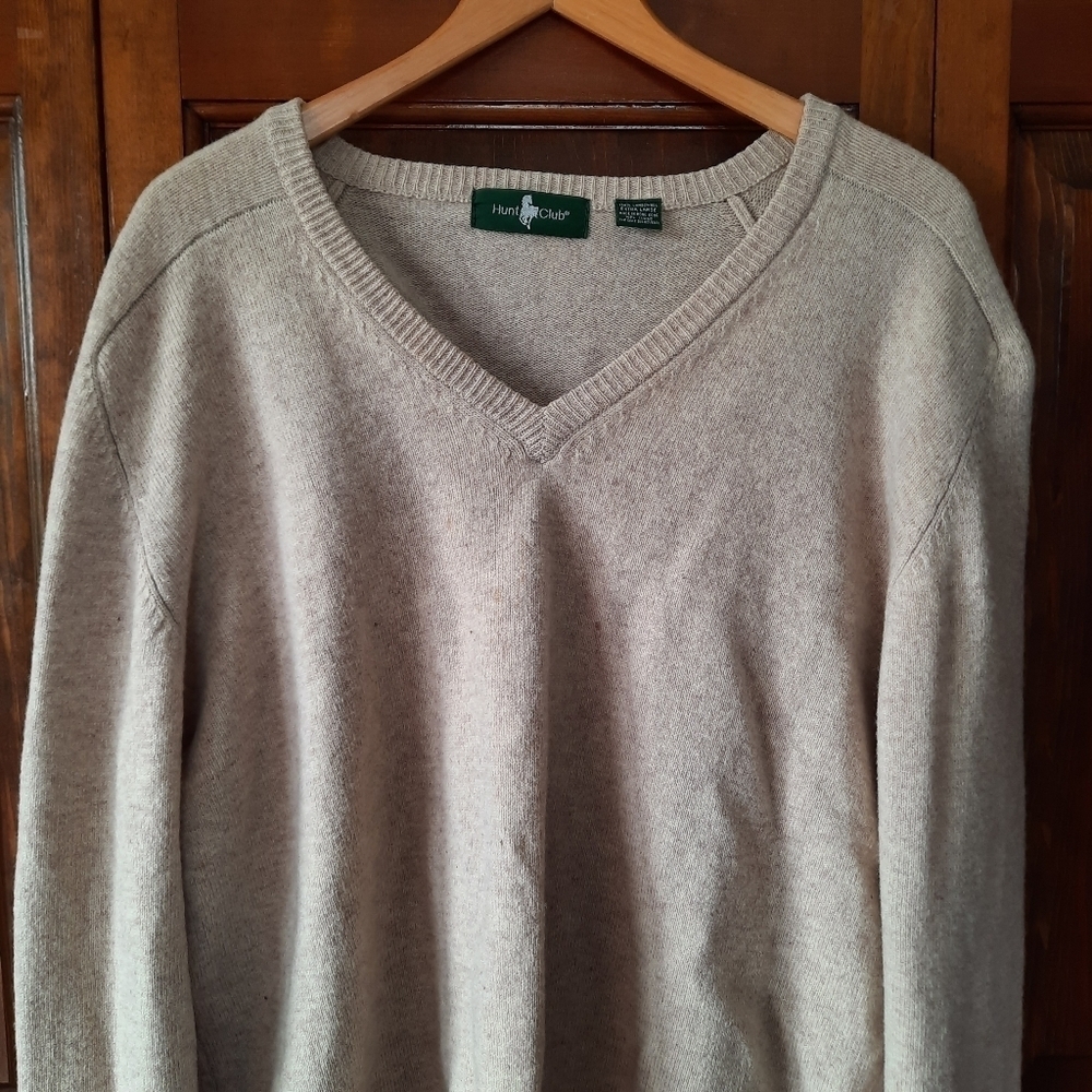 Vintage Hunt Club 100% Lambswool Light Tan V-neck Knit Grandpa Sweater Size XL - Picture 2 of 11